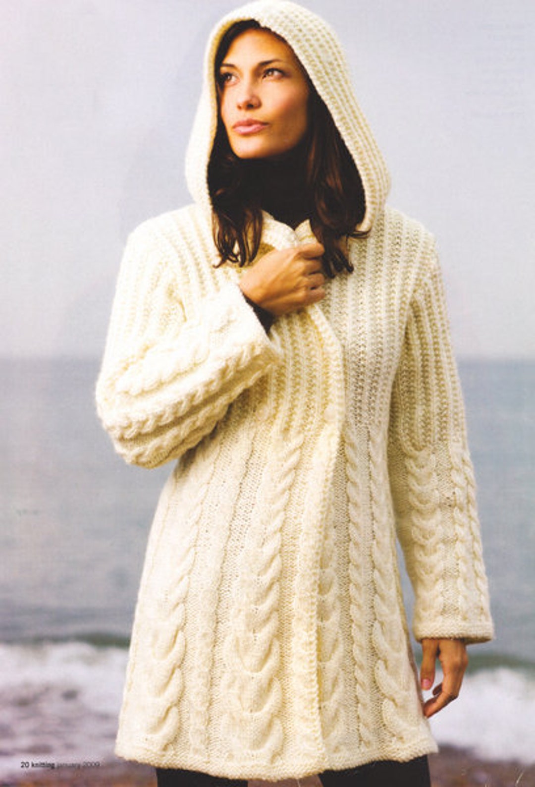 Knitting Pattern: Longline Edge To Edge Aran Cardigan. Ladies Long Aran Cardigan With Cable