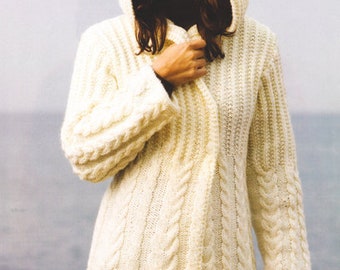 Ladies Womans Longline Hooded Aran Style Cardigan Coat Jacket  Knitting Pattern 39" -51"  ~  Chunky Knitting Pattern PDF Instant download