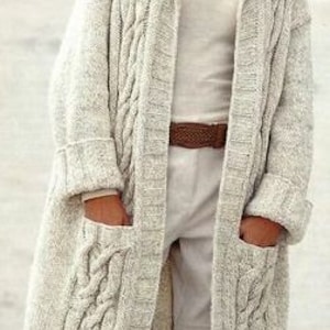Chunky Cable Long Coat Collar Pockets Larger Sizes Womans Ladies 32-54"  Chunky Wool pdf instant download DK Knitting Pattern