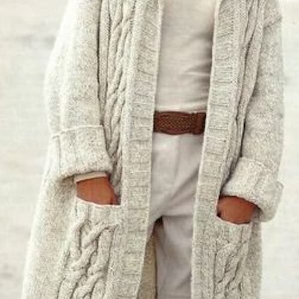Chunky Cable Long Coat Collar Pockets Larger Sizes Womans Ladies 32-54"  Chunky Wool pdf instant download DK Knitting Pattern
