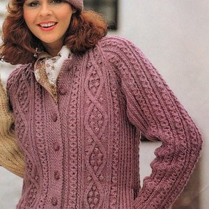 Womans & Mans Traditional Raglan Aran Round/V Neck Jacket/Cardigan Pockets and Hat 34"- 44" ~   Aran Knitting Pattern PDF Instant download