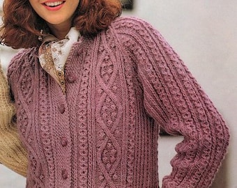 Womans & Mans Traditional Raglan Aran Round/V Neck Jacket/Cardigan Pockets and Hat 34"- 44" ~   Aran Knitting Pattern PDF Instant download