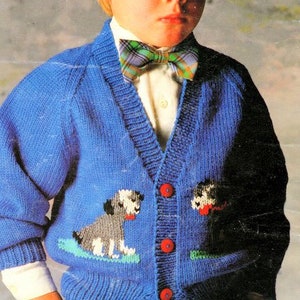 Puppy Dog Motif Cardigan Boy or Girl Raglan V Neck  22" - 28" ~ DK 8 Ply Knitting Pattern Instant PDF Download