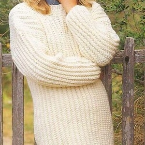 Women's Easy Chunky Fishermans Rib Long Sweater  Round Neck  30" - 44"  Chunky 12 Ply Wool PDF Instant download Knitting Pattern