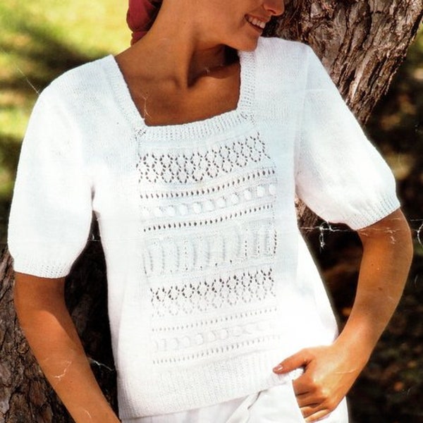 Womens Summer Sweater Short Sleeve Lace Bobble Eyelet Jumper Top Square Neck 30 - 40" 4 Ply Fingering  Knitting Pattern PDF Download.