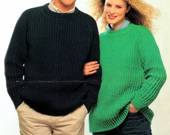 Easy Fishermans Rib Round Neck Textured His'n'Hers Sweater Raglan Sleeve 32" - 44"  Aran  Knitting Pattern PDF Instant Download