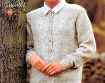 Womens Round Neck Raglan Cardigan All Wool Weights 32" - 46" ~ 4 Ply Aran DK Chunky Wool Knitting Pattern PDF Instant download