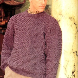 Mens Easy Textured Crew Neck Sweater Pullover Jumper Drop Sleeve Knitting Pattern PDF  32-46"  DK 8 Ply Light Worsted Wool Instant Download