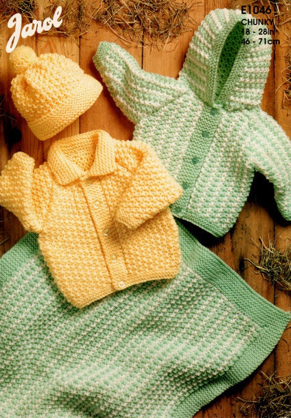 Baby Girl Boy Chunky Cardigan Jacket Collar Hood with Bobble Hat Blanket 18 28 Chunky 12 Ply Knitting Pattern PDF download