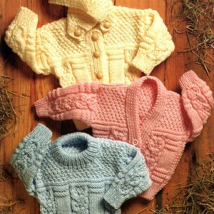 Aran Baby Sweater & Cardy~V Neck and Round Detachable Hood 18&quot; - 32&quot;  ~ Aran 10 Ply Worsted Knitting Pattern Vintage Digital pdf Download