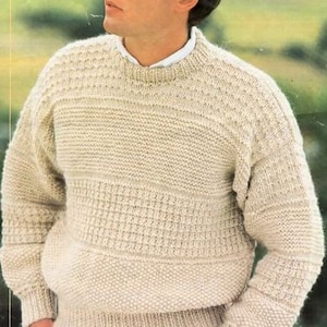Mens Textured Patterned Rib Sweater Pullover Drop Sleeve Knitting Pattern PDF  34-44" Chunky 12 Ply Wool Instant Download