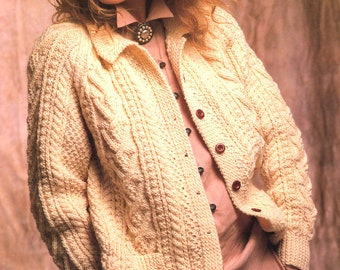 Womans Ladies Aran Collar Jacket/Cardigan Horseshoe Stitch 34"-44" ~   Aran Knitting Pattern PDF Instant download