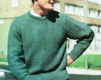 Vintage Men's Fisherman's Rib Sweater Round Neck Raglan Sleeve Knitting Pattern PDF  36-46" DK light worsted 8ply Instant Download