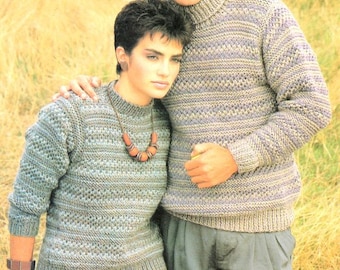 Mens Womens 2 Colour Textured Sweater Jumper Round or Polo Neck 32" - 46" Chunky 12 Ply Knitting Pattern PDF Instant Download