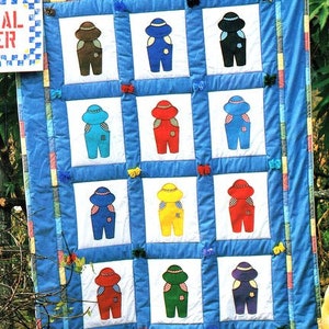 Overall Sam Patchwork Blocks Applique Boys Twin Bed Quilt Bedspread Vintage Sunbonnet  55&quot; x 76&quot;  ~ Quilt Sewing Pattern PDF download