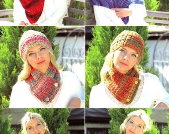 Womens Accessories Hat Keyhole Pull Through Scarf Triangular Scarf & Button Neck Wrap ~ Chunky 12 Ply Knitting Pattern PDF download