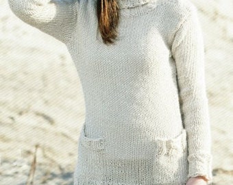 Womans Long Line Polo Neck Sweater~ Pockets Cable ~ 12 Ply Chunky Wool ~36" -46 " Knitting Pattern PDF Instant download