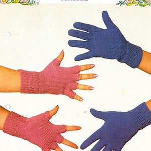 May include: Three pairs of fingerless gloves in pink, blue, and purple. The gloves are made of a soft, knitted fabric. The gloves are shown on a white background with the text "Patons Beehive The Rich Blend."