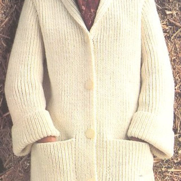 Womens Fishermans Rib Coat Jacket Cardigan Shawl Collar Pockets 32" -38" ~  Chunky Bulky 12 Ply Wool Knitting Pattern PDF Instant download