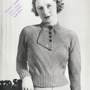 May include: A vintage knitting pattern for a women's sweater with a high collar and button closure. The pattern is printed on a white paper with a black and white photo of a woman wearing the sweater. The pattern is for a sweater made with "W.B. "Kwiknit" Wool" and is 34 inches long.