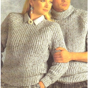 Mens Womens Crew & Polo Neck Fishermans Rib Sweater Raglan Sleeve 32&quot; - 46&quot;  Chunky Bulky 12 Ply Knitting Pattern PDF Instant Download