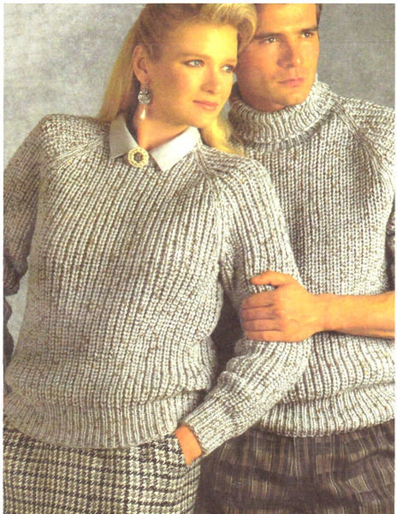 Mans Woman's Crew & Polo Neck Fishermans Rib Sweater Chunky Wool Raglan Sleeve 32 46 Knitting Pattern PDF Instant Download image 1