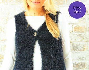 May include: A dark blue fuzzy knit waistcoat with a button fastening. The waistcoat is easy to knit and includes larger sizes.