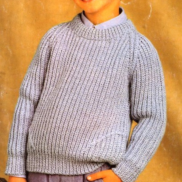 Easy Boy Girl Fishermans Rib Round Neck Sweater Jumper Pockets  6 - 11yrs  24"- 30" inch ~ Aran 10 Ply Worsted Knitting Pattern PDF Download