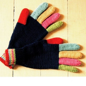 May include: A pair of blue knitted gloves with colorful fingertip accents. The fingertips are red, yellow, pink, and green.