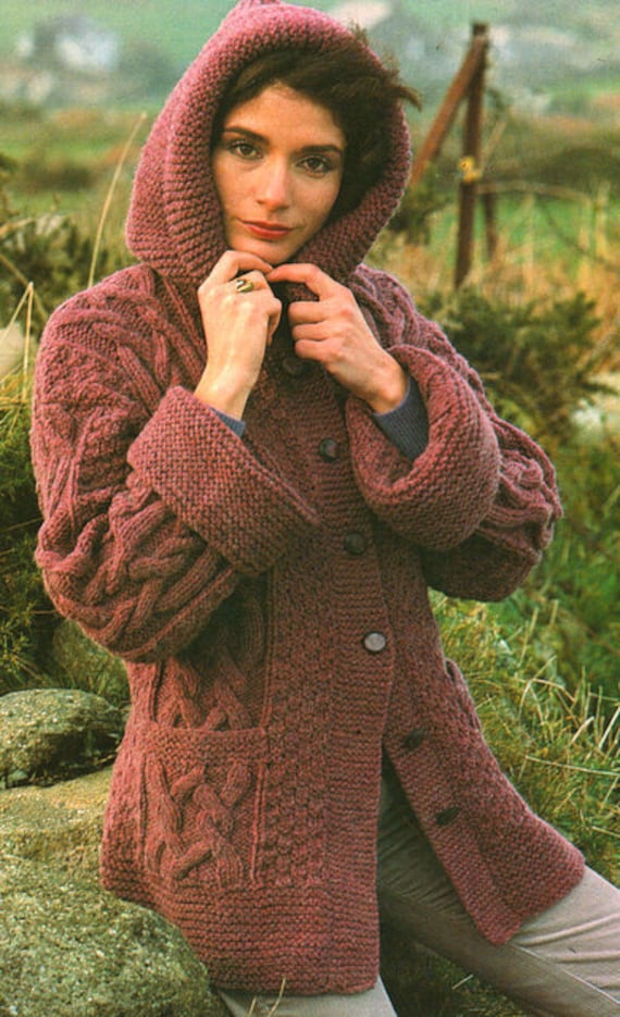 Woman Ladies Vintage Chunky Cable Jacket Duffle Coat with Hood Cuffs 30 42 Chunky 12 Ply Wool Easy Knitting Pattern PDF download