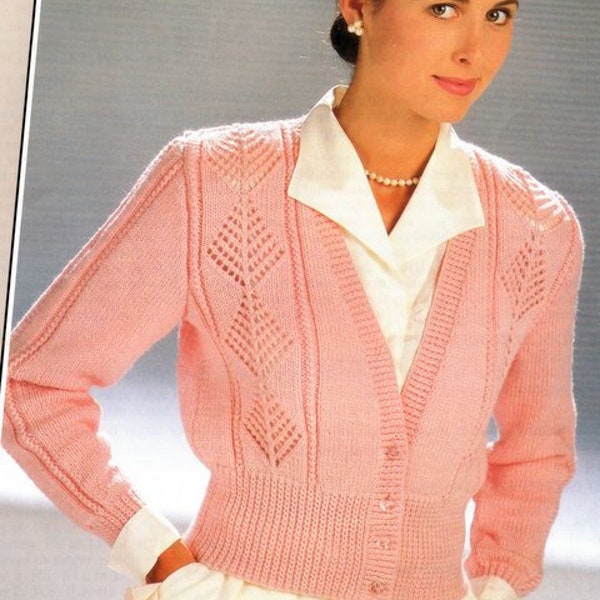 Lace Diamond Panel Cardigan V Neck Woman Ladies  34" - 40" ~  DK 8 Ply Knitting Pattern PDF Instant download