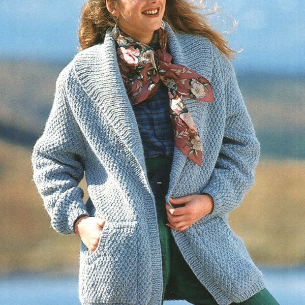 Womens Easy Chunky Edge to Edge Patch Pocket Jacket Coat 30 - 40" ~  Chunky 12 Ply Wool Knitting Pattern PDF Instant download