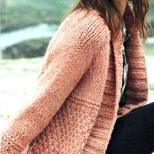 Easy Quick Knit Jacket Cardigan Collar Textured Raglan Larger Sizes Womens 32" - 54"  Super Chunky Wool Knitting Pattern PDF  download