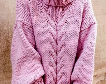 Womens Oversized Sweater Chunky Cable Rib Roll Collar 36" - 46" ~  Super Chunky Super Bulky Wool ~32" -42 " Knitting Pattern PDF  download