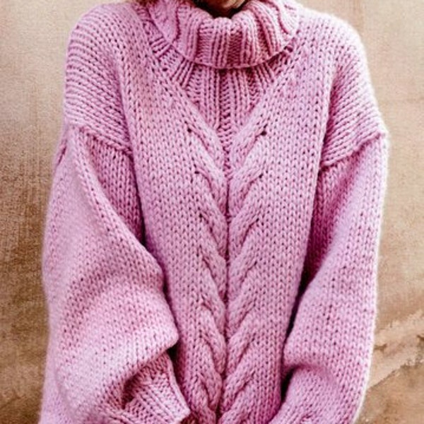 Womens Oversized Sweater Chunky Cable Rib Roll Collar 36" - 46" ~  Super Chunky Super Bulky Wool ~32" -42 " Knitting Pattern PDF  download