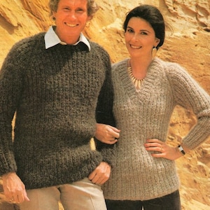 Mens Womens Round & V Neck Rib Sweater Raglan Sleeve 32&quot; - 44&quot;  Chunky Bulky 12 Ply  Knitting Pattern PDF Instant Download