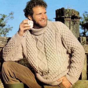 Classic Mans Aran Polo Neck Raglan Fishermans Aran Sweater 38"-44"~ Aran 10 Ply Worsted Knitting Pattern PDF Instant download