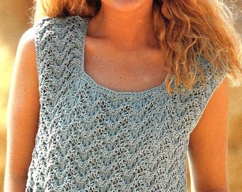 Womens Lacy Sleeveless Sweater Top Vest Low Neck  ~   30" - 40 " DK 8 Ply Knitting Pattern PDF Instant Download.