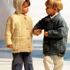 Aran Patchwork Duffle Coats Collar/Hood 20&quot;- 30&quot; Baby Children Boy Girl ~ Aran 10 Ply Worsted Knitting Pattern Vintage Digital pdf Download