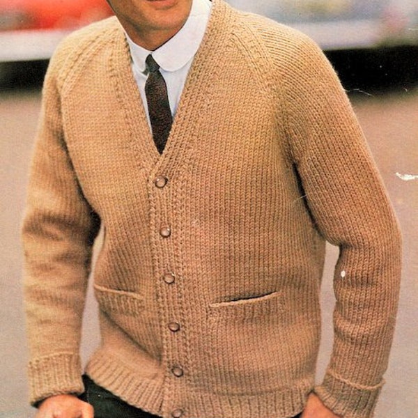 Classic Plain Cardigan Mens Easy V Neck Raglan Knitting Pattern PDF  38-44"  Chunky Bulky / 12 ply Wool Instant Download