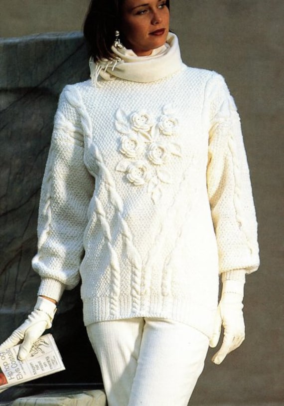 トップス andequal flower cable design knit Woman's Round Neck Cable Sweater ~ Crochet Flowers & Leaf Design