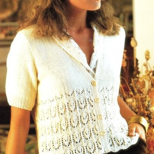 Womens Lacy Lace Short Sleeve V Neck Cardigan Jacket  30 - 40"  Cotton DK 8ply Light Worsted pdf download Knitting Pattern