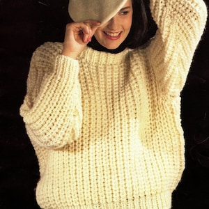 Very Easy Quick Knit Beginner Rib Sweater Round Neck Woman's~Super Bulky wool ~ 34" -44" Knitting Pattern PDF Instant download