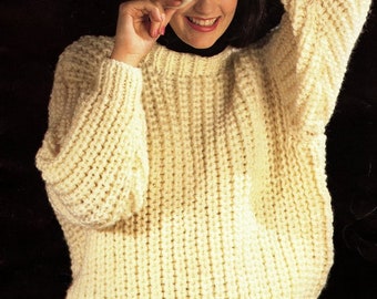 Very Easy Quick Knit Beginner Rib Sweater Round Neck Woman's~Super Bulky wool ~ 34" -44" Knitting Pattern PDF Instant download