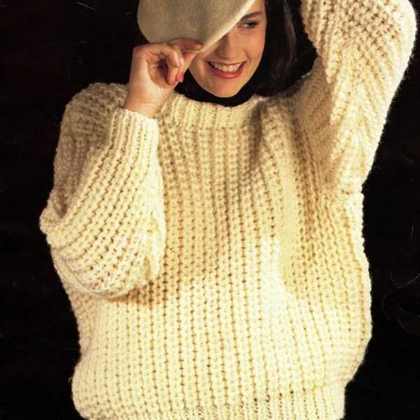 Very Easy Quick Knit Beginner Rib Sweater Round Neck Woman's~Super Bulky wool ~ 34" -44" Knitting Pattern PDF Instant download