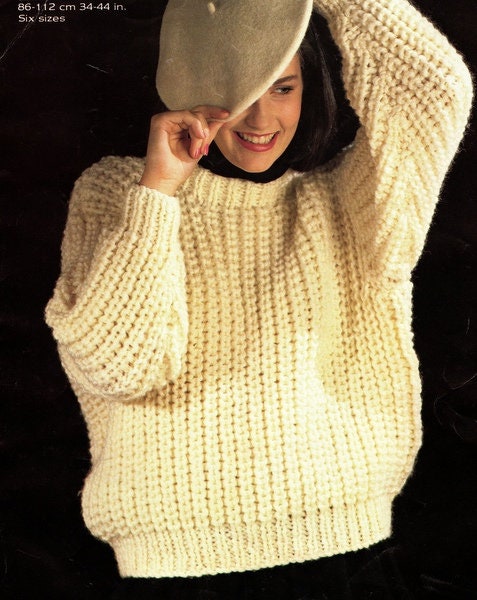 Very Easy Quick Knit Beginner Rib Sweater Round Neck Woman's~Super Bulky wool ~ 34" -44" Knitting Pattern PDF Instant download