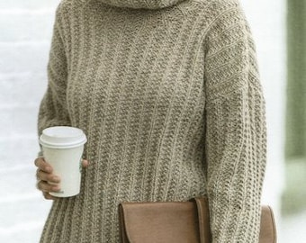 Womans  Aran Rib Polo Neck Sweater XS- XXL sizes ~ Aran Knitting Pattern PDF Instant download