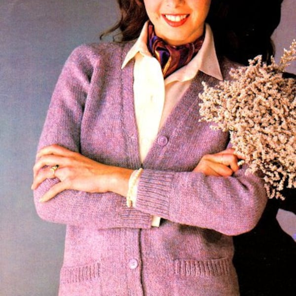 Plain Classic Longline V Neck Raglan Cardigan Jacket Pockets Womans 32-42" ~ DK 8ply Light Worsted  pdf download DK Knitting Pattern