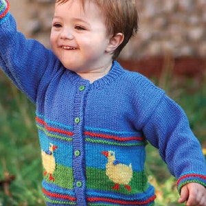 May include: A blue knitted cardigan with a duck design. The cardigan features a button-up front, green and red stripes, and yellow ducks. The sleeves have colorful cuffs. The cardigan is designed for a child.