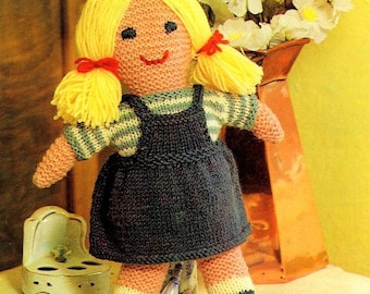 Knitted Girl Doll with Clothes T Shirt & Pinafore 12" Tall ~ DK 8 Ply Light WorstedKnitting Pattern PDF Instant download